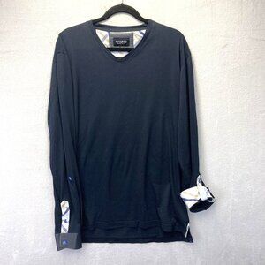 Maceoo Long Sleeve Contrast Cuff Shirt Mens XL Navy Blue V-Neck Flip Cuff Edison